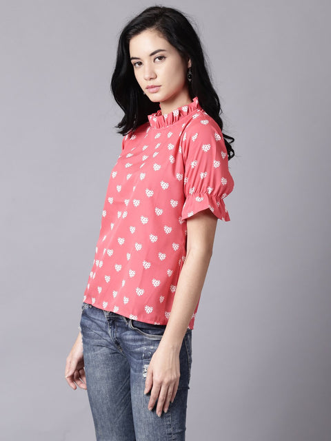 Daima Women Coral Casual Printed High Neck Top
