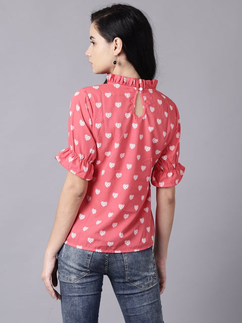 Daima Women Coral Casual Printed High Neck Top