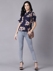 Daima Women Navy Blue Casual Printed High Neck Top