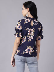 Daima Women Navy Blue Casual Printed High Neck Top