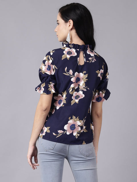 Daima Women Navy Blue Casual Printed High Neck Top