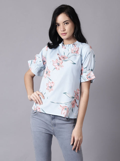 Daima Women Powder Blue Casual Printed High Neck Top