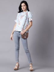 Daima Women Powder Blue Casual Printed High Neck Top