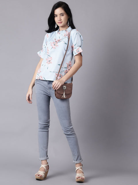 Daima Women Powder Blue Casual Printed High Neck Top