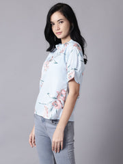 Daima Women Powder Blue Casual Printed High Neck Top