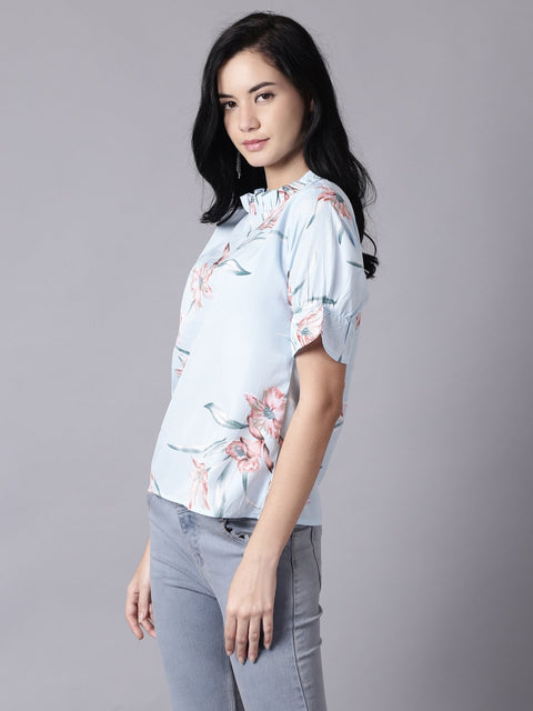 Daima Women Powder Blue Casual Printed High Neck Top