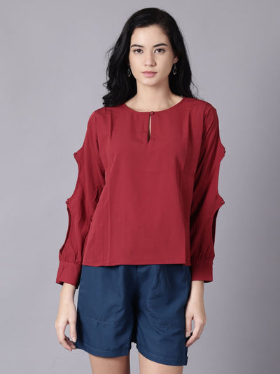 Daima Women maroon Casual Solid Keyhole Neck Top
