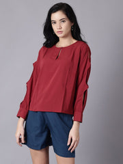 Daima Women maroon Casual Solid Keyhole Neck Top