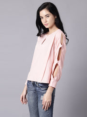 Daima Women Pink Casual Solid Keyhole Neck Top