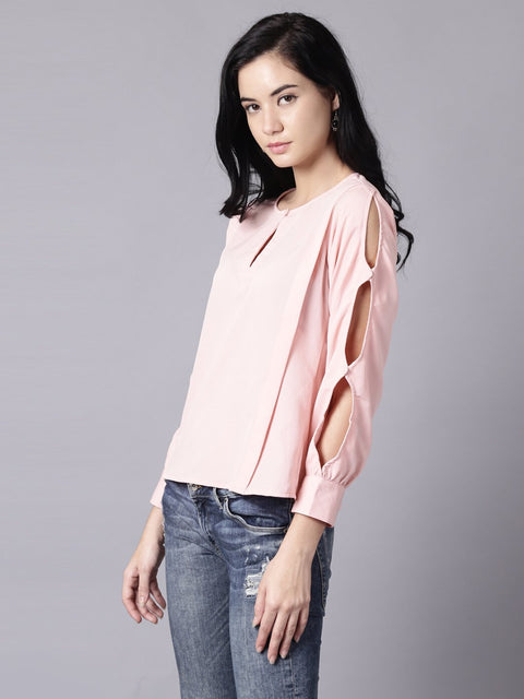 Daima Women Pink Casual Solid Keyhole Neck Top