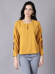 Daima Women Mustard yellow Casual Solid Keyhole Neck Top
