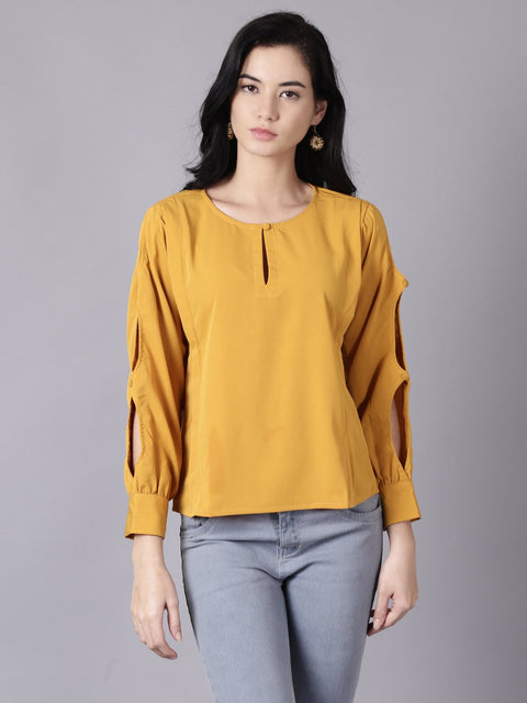 Daima Women Mustard yellow Casual Solid Keyhole Neck Top