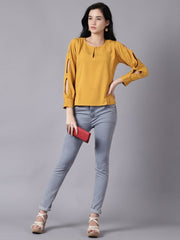 Daima Women Mustard yellow Casual Solid Keyhole Neck Top