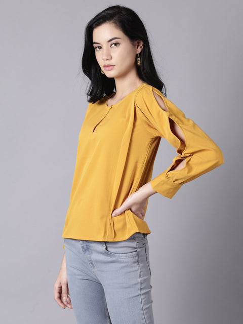 Daima Women Mustard yellow Casual Solid Keyhole Neck Top