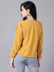 Daima Women Mustard yellow Casual Solid Keyhole Neck Top