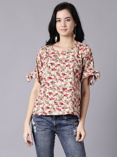 Daima Women Beige Casual Printed Round Neck Top