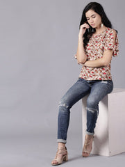 Daima Women Beige Casual Printed Round Neck Top