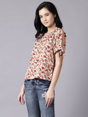 Daima Women Beige Casual Printed Round Neck Top