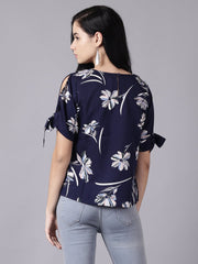 Daima Women Navy Blue Casual Printed Round Neck Top