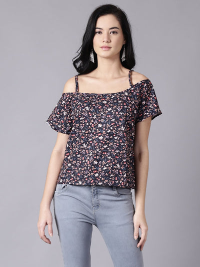 Daima Women Navy Blue Casual Printed Shoulder Straps Top