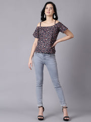 Daima Women Navy Blue Casual Printed Shoulder Straps Top