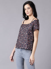 Daima Women Navy Blue Casual Printed Shoulder Straps Top