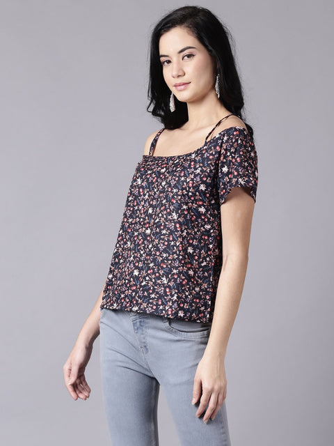 Daima Women Navy Blue Casual Printed Shoulder Straps Top