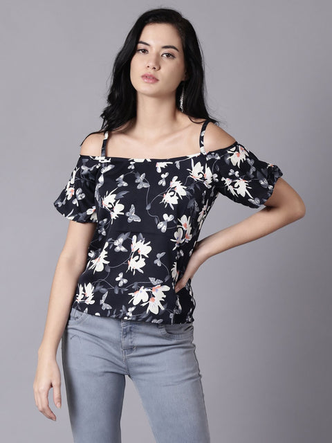 Daima Women Navy Blue Casual Printed Shoulder Straps Top