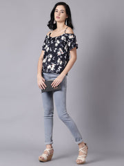 Daima Women Navy Blue Casual Printed Shoulder Straps Top
