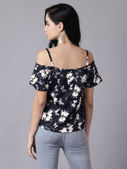 Daima Women Navy Blue Casual Printed Shoulder Straps Top