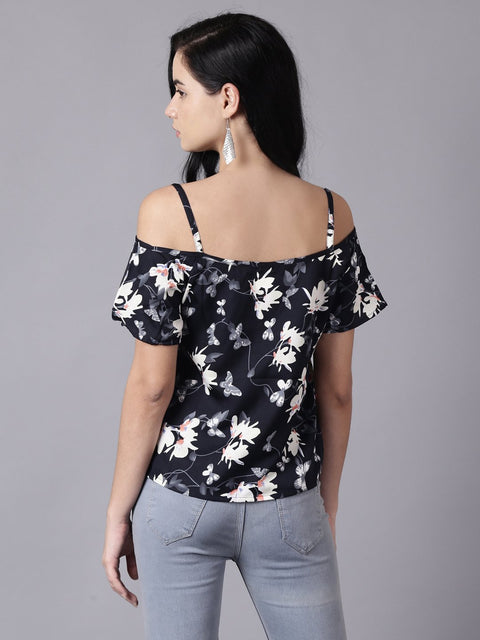 Daima Women Navy Blue Casual Printed Shoulder Straps Top