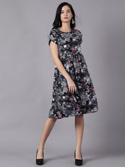 Daima Women Black Floral Printed Round Neck A-Line Dress