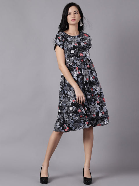 Daima Women Black Floral Printed Round Neck A-Line Dress