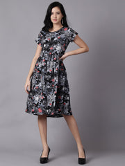 Daima Women Black Floral Printed Round Neck A-Line Dress