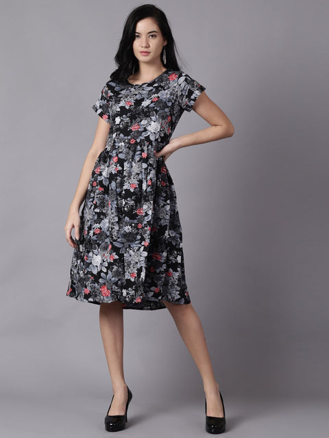 Daima Women Black Floral Printed Round Neck A-Line Dress