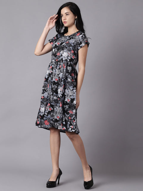 Daima Women Black Floral Printed Round Neck A-Line Dress