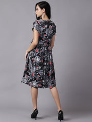 Daima Women Black Floral Printed Round Neck A-Line Dress