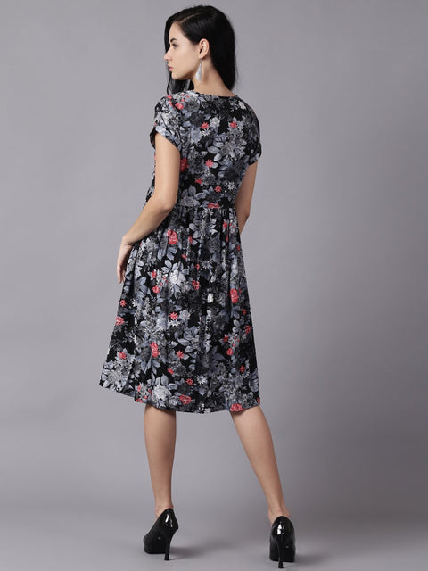 Daima Women Black Floral Printed Round Neck A-Line Dress