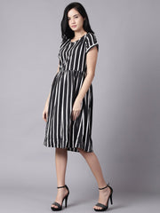 Daima Women Black Striped Striped Round Neck A-Line Dress