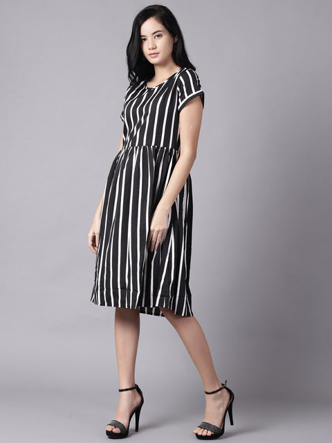 Daima Women Black Striped Striped Round Neck A-Line Dress