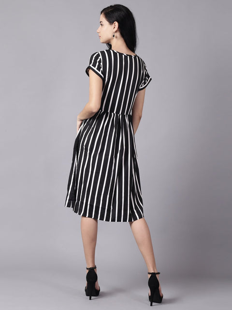 Daima Women Black Striped Striped Round Neck A-Line Dress