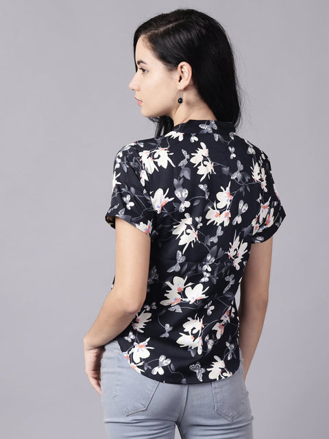 Daima Women Navy Blue Casual Printed Mandarin Collar Top