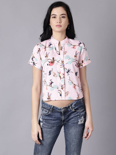 Daima Women Baby Pink Casual Printed Mandarin Collar Top