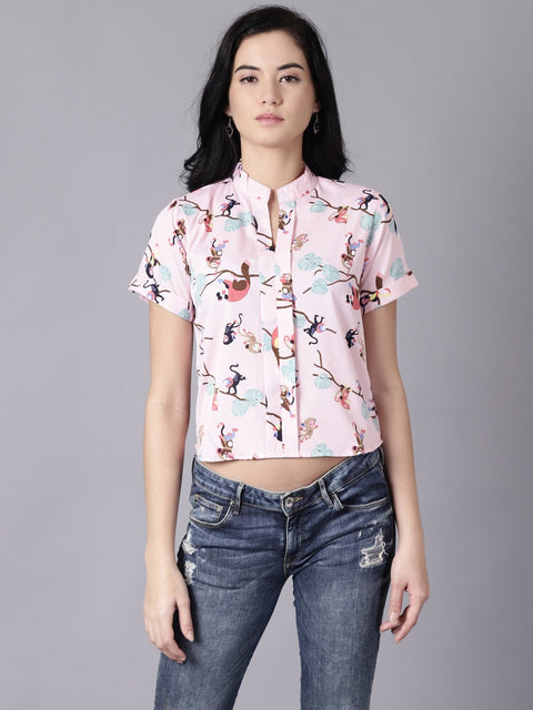 Daima Women Baby Pink Casual Printed Mandarin Collar Top