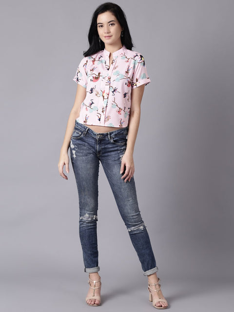 Daima Women Baby Pink Casual Printed Mandarin Collar Top