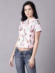 Daima Women Baby Pink Casual Printed Mandarin Collar Top