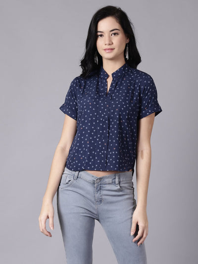 Daima Women Ink Blue Casual Printed Mandarin Collar Top