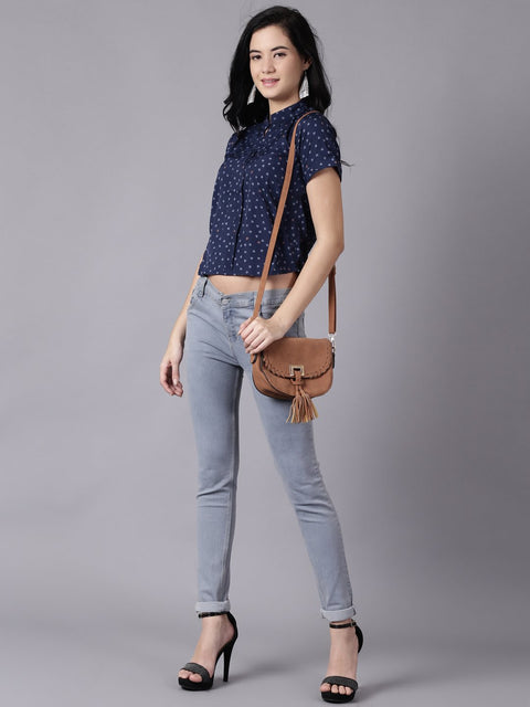 Daima Women Ink Blue Casual Printed Mandarin Collar Top