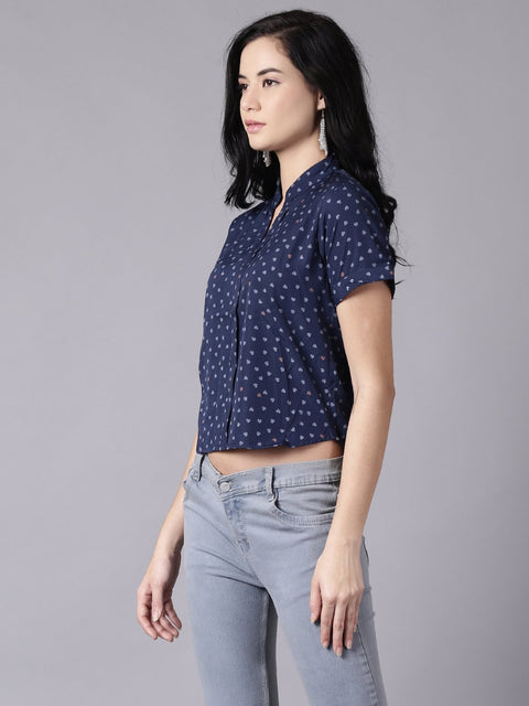 Daima Women Ink Blue Casual Printed Mandarin Collar Top