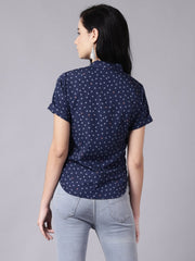Daima Women Ink Blue Casual Printed Mandarin Collar Top